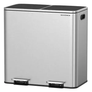 SONGMICS Trash Can, 2 x 10.6 Gallon (2 x 40 L) Garbage Can for Kitchen, with 15 Trash Bags, 2 Compartments, Plastic Inner Buckets and Hinged Lids, Airtight, Silver and Black ULTB730E80