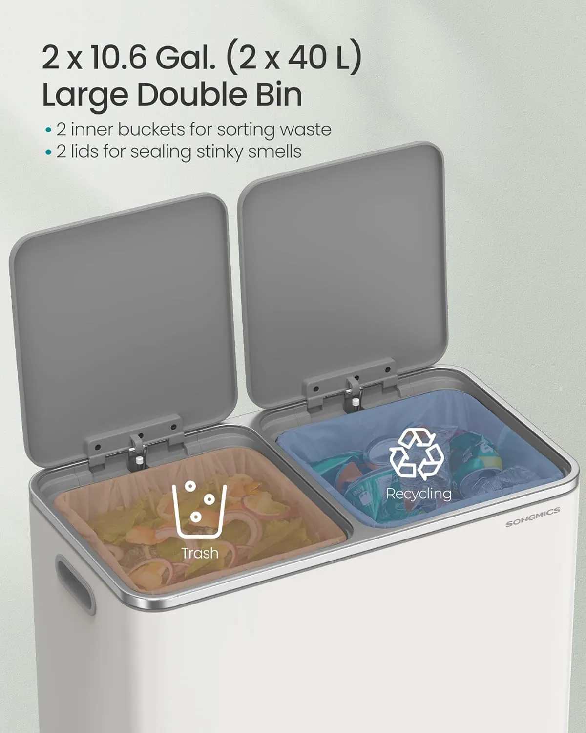 SONGMICS Trash Can, 2 x 10.6 Gallon (2 x 40 L) Garbage Can for Kitchen, with 15 Trash Bags, 2 Compartments, Plastic Inner Buckets and Hinged Lids, Airtight, White and Gray ULTB730W80