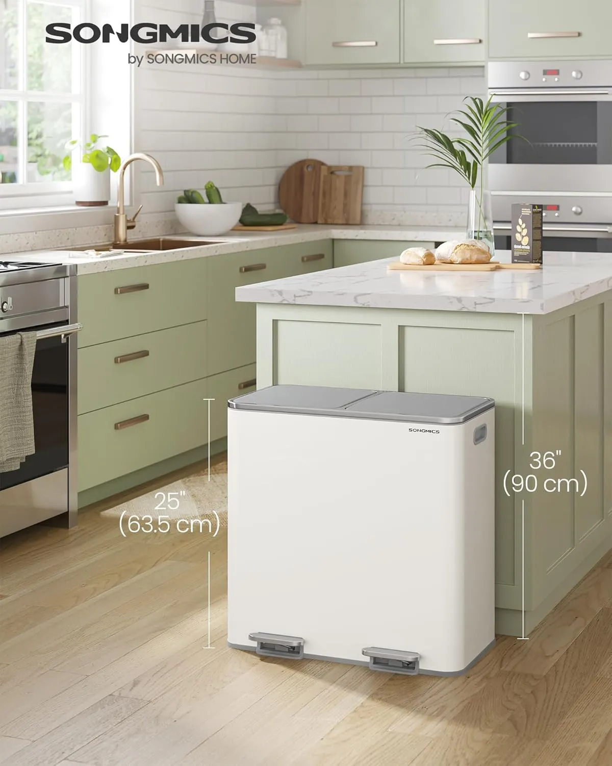 SONGMICS Trash Can, 2 x 10.6 Gallon (2 x 40 L) Garbage Can for Kitchen, with 15 Trash Bags, 2 Compartments, Plastic Inner Buckets and Hinged Lids, Airtight, White and Gray ULTB730W80