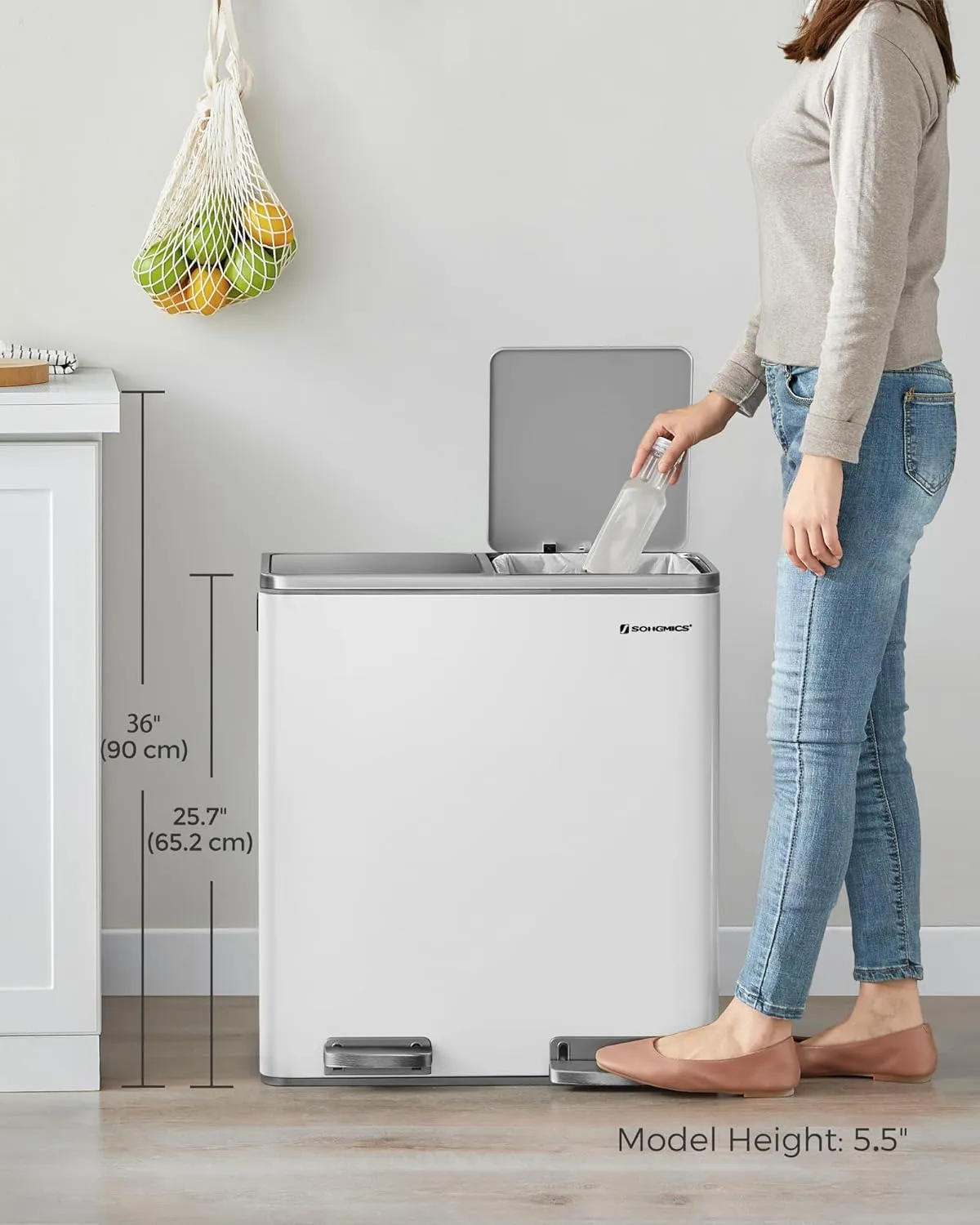 SONGMICS Trash Can, 2 x 8 Gallon (2 x 30 L) Garbage Can for Kitchen, with 15 Trash Bags, 2 Compartments, Plastic Inner Buckets and Hinged Lids, Airtight, White and Gray ULTB60WT
