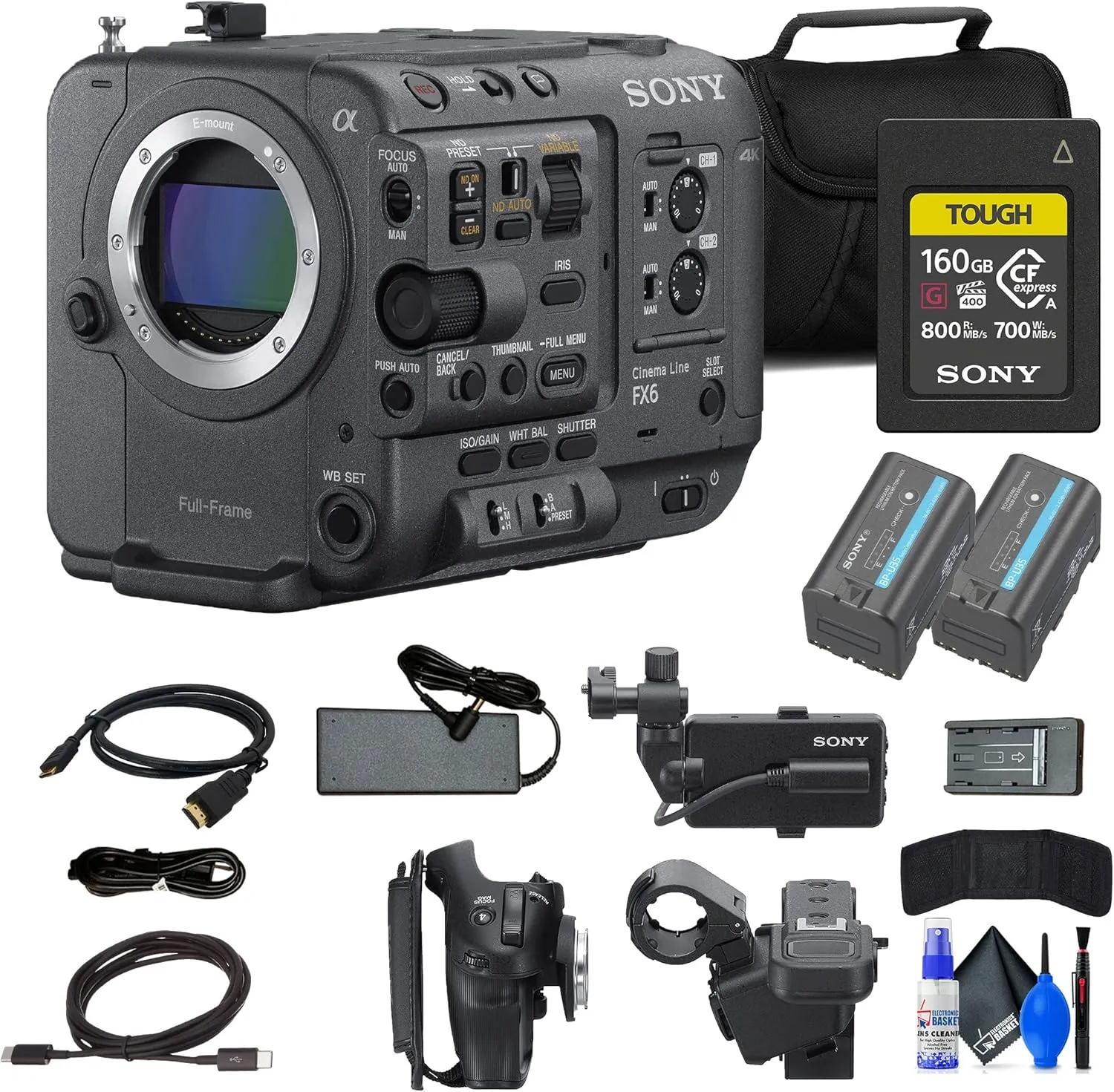 Sony FX6 Full-Frame Cinema Camera (Body Only) (ILME-FX6V)   160GB Memory Card   BP-U35 Battery   Bag   Memory Wallet   Cleaning Kit   HDMI Cable (Renewed)