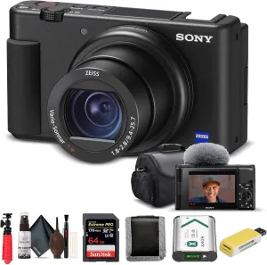 Sony ZV-1 Digital Camera Black DCZV1/B, 64GB Memory Card, Card Reader, Deluxe Soft Bag, Flex Tripod, Memory Card Wallet, Cleaning Kit