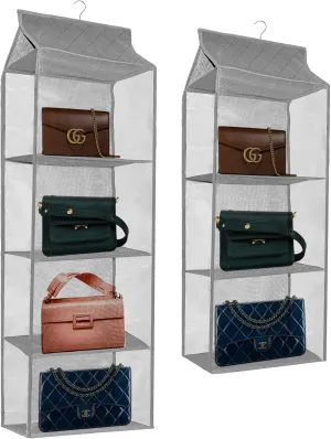 souG 2 Pack Hanging Handbag Purse Organizer for Closet, Purse Bag Storage Holder for Wardrobe Close with 1pcs 4 Shelves Space and 1pcs 3 Shelves Space Saving Purse Organizers System (Grey)