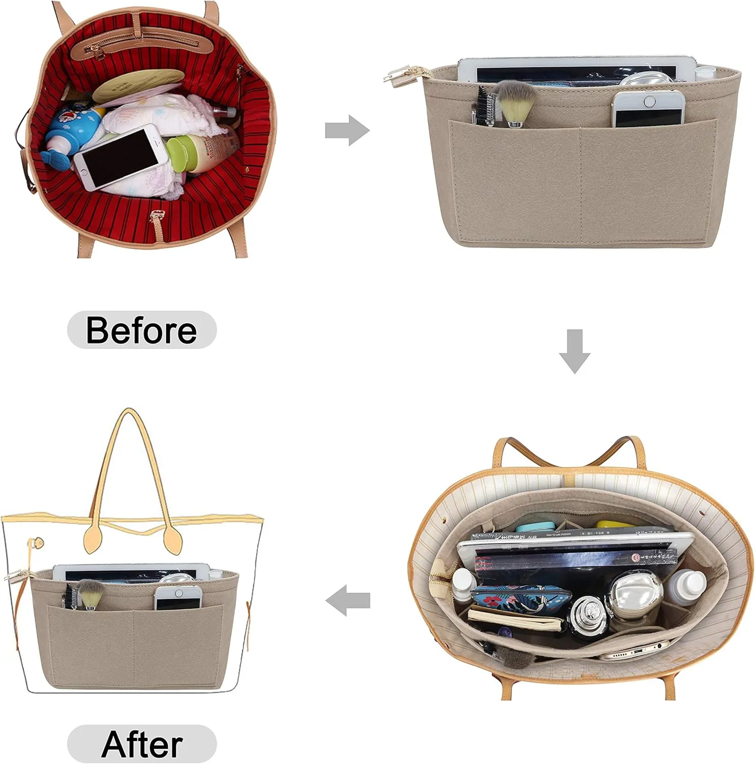 Soyizom Purse Organizer Insert Felt Purse Insert Bag Organizers Multi Pockets Tote Bag in Bag for Women,Beige-L