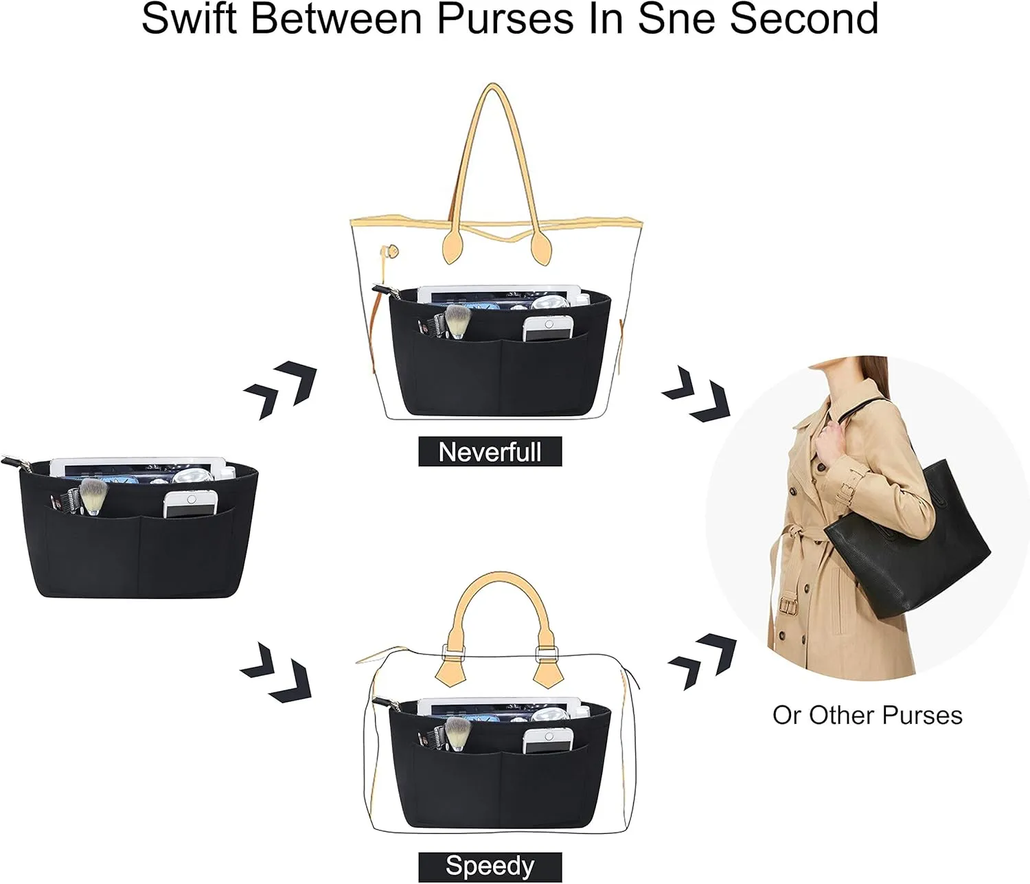 Soyizom Purse Organizer Insert Felt Purse Insert Bag Organizers Multi Pockets Tote Bag in Bag for Women,Black-L