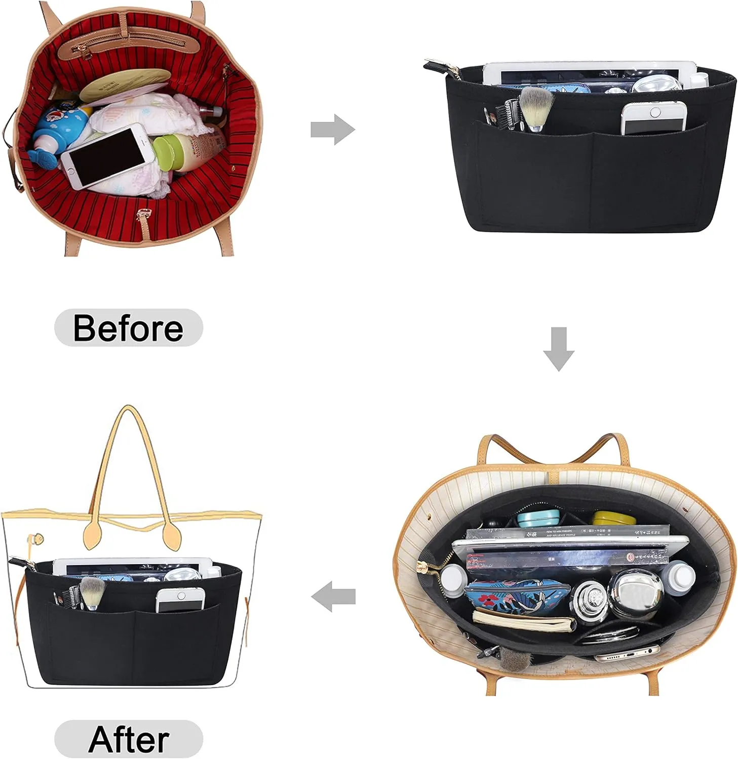 Soyizom Purse Organizer Insert Felt Purse Insert Bag Organizers Multi Pockets Tote Bag in Bag for Women,Black-L