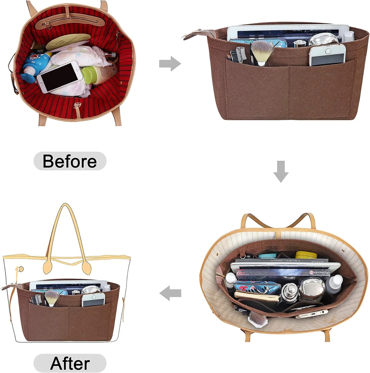 Soyizom Purse Organizer Insert Felt Purse Insert Bag Organizers Multi Pockets Tote Bag in Bag for Women,Coffee-L