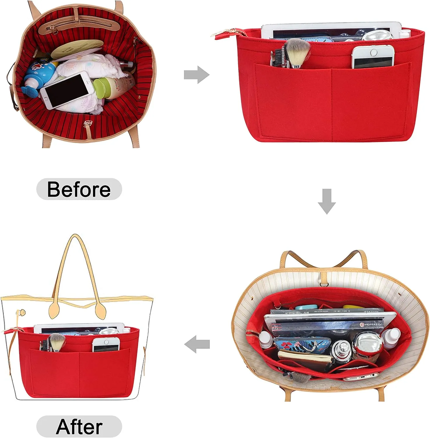 Soyizom Purse Organizer Insert Felt Purse Insert Bag Organizers Multi Pockets Tote Bag in Bag for Women,Red-L
