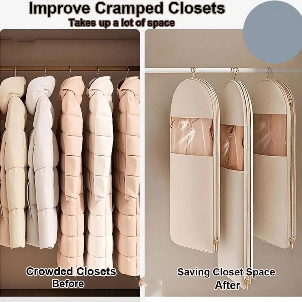 Space Saving Hanging Garment Bag with Self Compression Zipper,Dust Cover Clothes Bags for Down Coat,Space Saver Closet Organizers, for Closet Storage (Beige, 3PCS(M L XL))