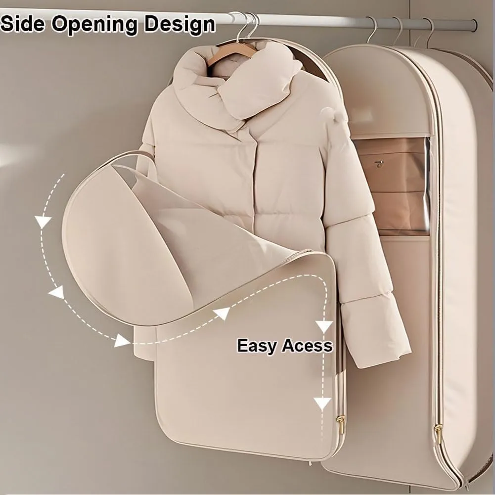 Space Saving Hanging Garment Bag with Self Compression Zipper,Dust Cover Clothes Bags for Down Coat,Space Saver Closet Organizers, for Closet Storage (Beige, 3PCS(M L XL))