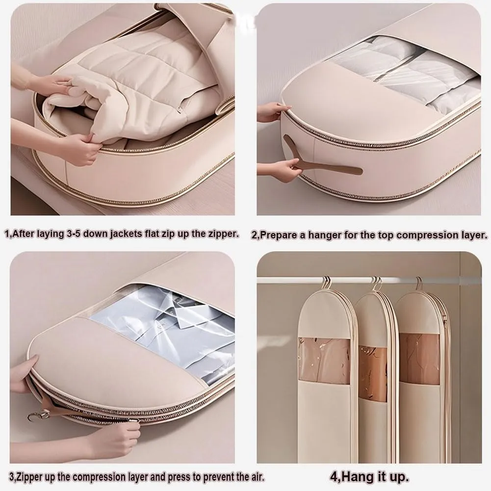 Space Saving Hanging Garment Bag with Self Compression Zipper,Dust Cover Clothes Bags for Down Coat,Space Saver Closet Organizers, for Closet Storage (Beige, 3PCS(M L XL))