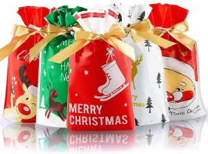 SPADORIVE Christmas Drawstring Gift Bags, Small Plastic Candy Bags 9x6, Set of 50 (Medium)
