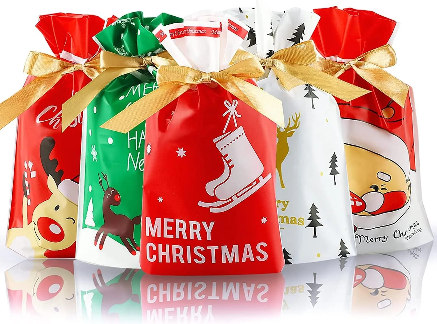 SPADORIVE Christmas Drawstring Gift Bags, Small Plastic Candy Bags 9x6, Set of 50 (Medium)