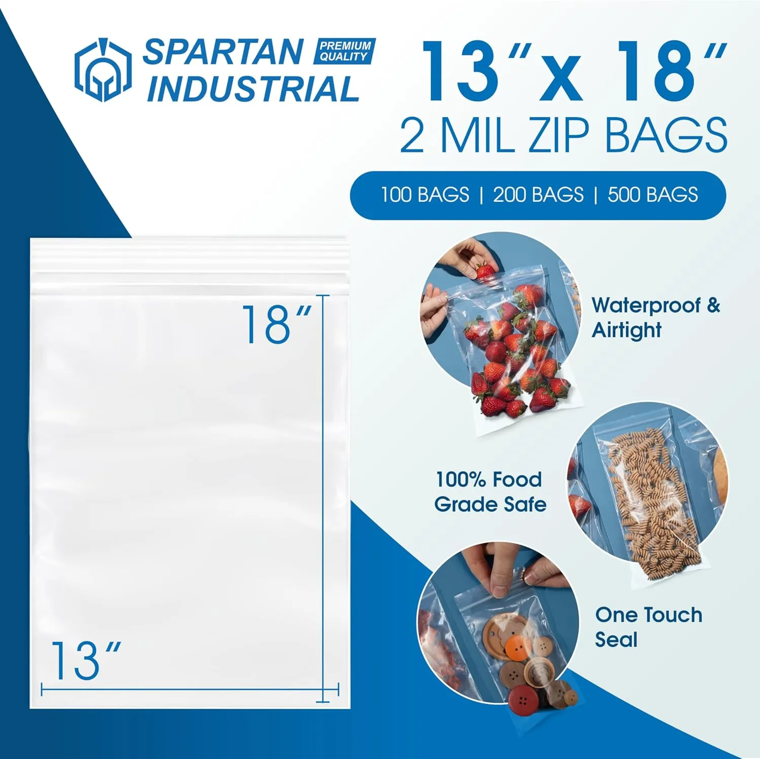 Spartan Industrial - 13” X 18” (200 Count) 2 Mil Clear Reclosable Zip Plastic Poly Bags with Resealable Lock Seal Zipper