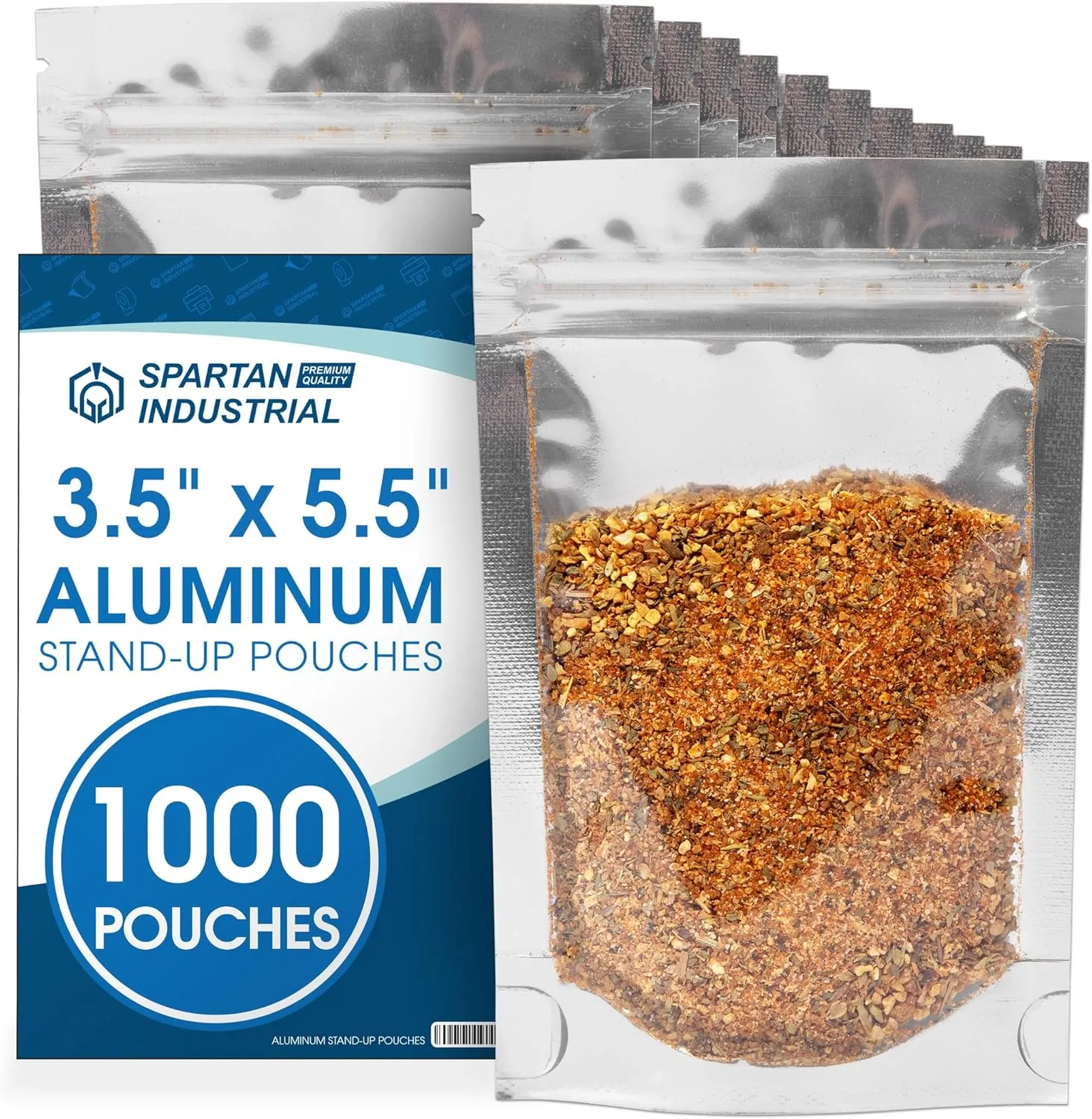 Spartan Industrial - 3.5" X 5.5" Aluminum Stand-Up Pouches - Pack of 1000 Resealable Smell-Proof Bags for Food, Wax Melts, Lip Gloss Packaging, and More