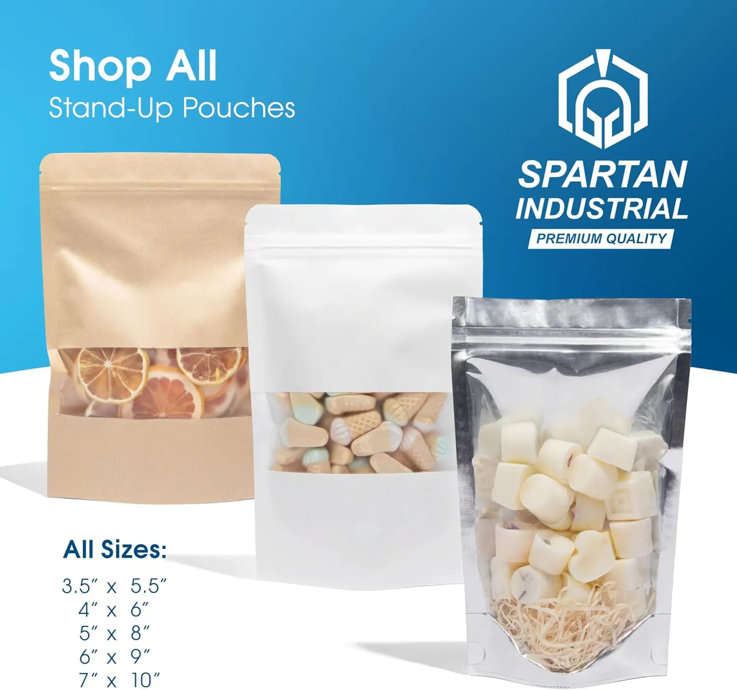 Spartan Industrial - 3.5" X 5.5" Aluminum Stand-Up Pouches - Pack of 1000 Resealable Smell-Proof Bags for Food, Wax Melts, Lip Gloss Packaging, and More
