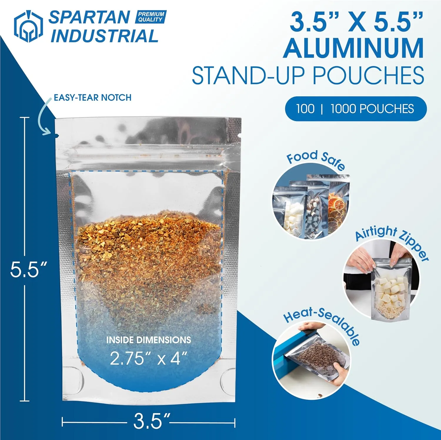 Spartan Industrial - 3.5" X 5.5" Aluminum Stand-Up Pouches - Pack of 1000 Resealable Smell-Proof Bags for Food, Wax Melts, Lip Gloss Packaging, and More