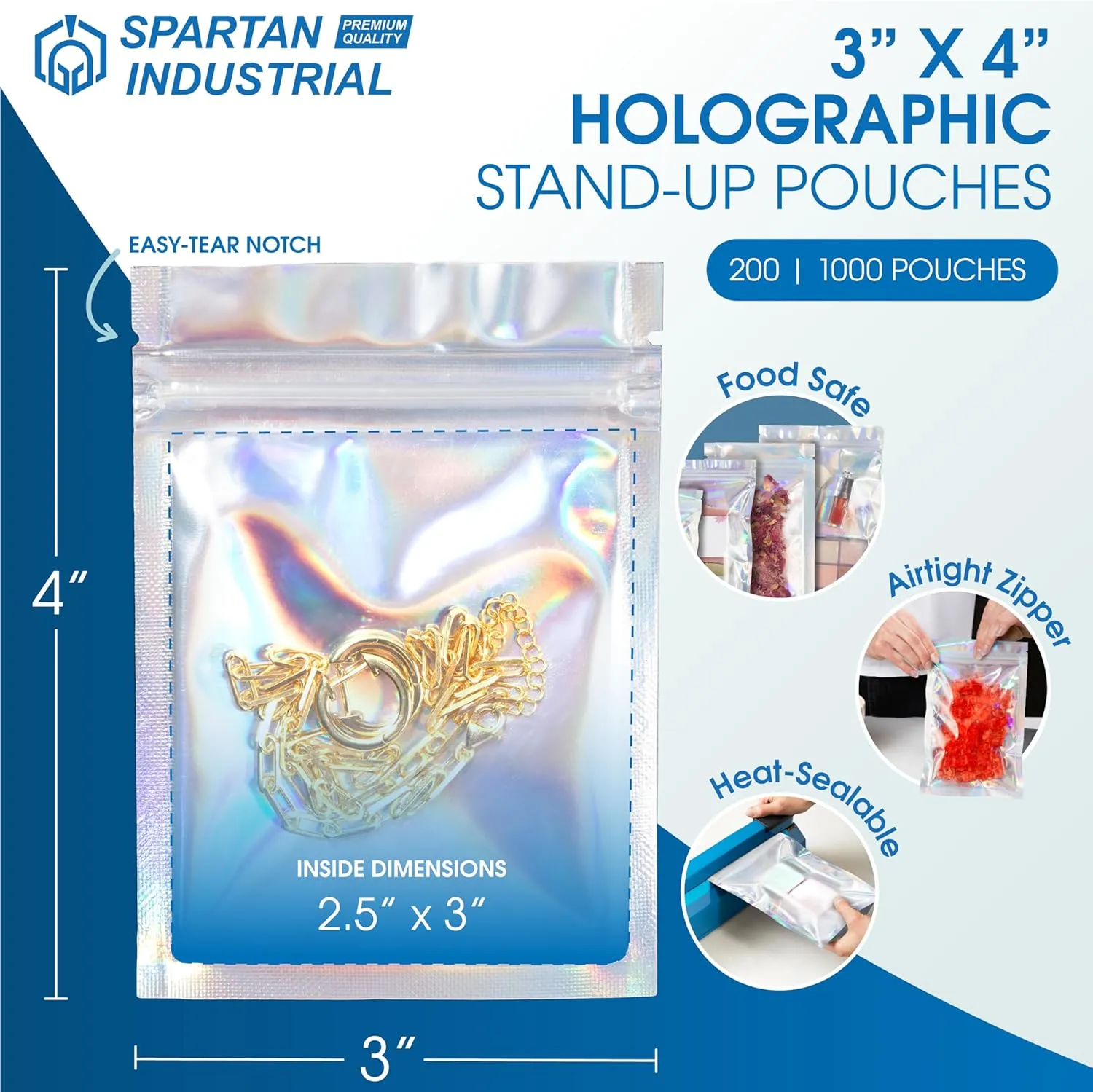 Spartan Industrial - 3" X 4" Holographic Foil Bags - Pack of 1000 Smell-Proof Resealable Bags for Food, Wax Melts, Lip Gloss Packaging, and More