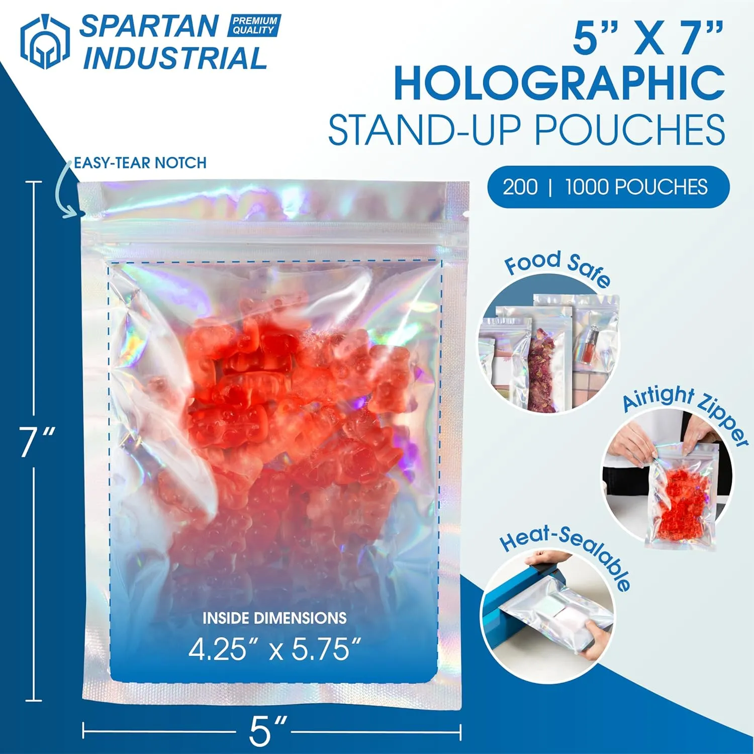 Spartan Industrial - 5" X 7" Holographic Resealable Bags - Pack of 200 Smell-Proof Heat Seal Bags for Cookies, Candy Packaging, Bath Salts, and More
