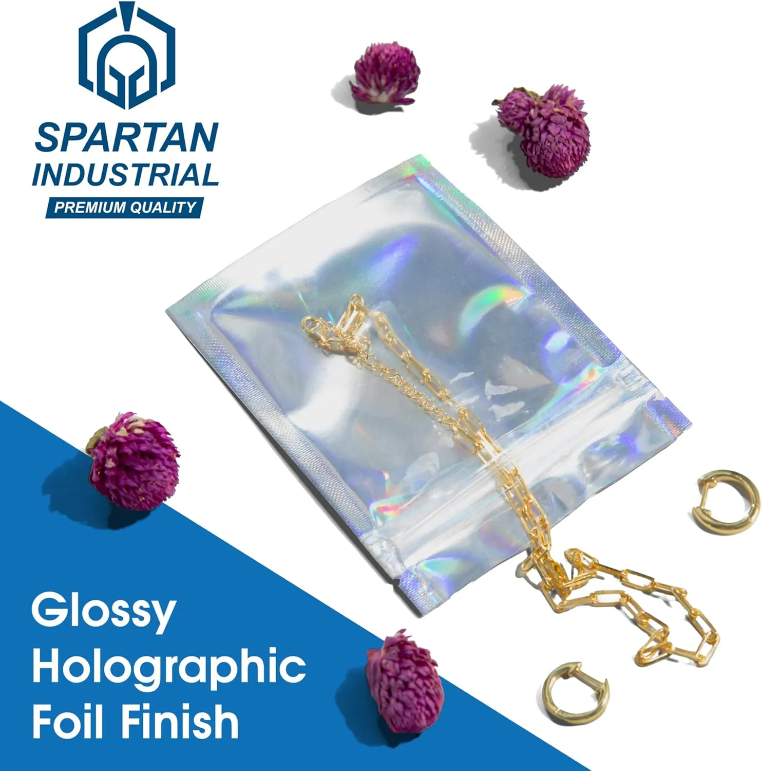 Spartan Industrial - 5" X 7" Holographic Resealable Bags - Pack of 200 Smell-Proof Heat Seal Bags for Cookies, Candy Packaging, Bath Salts, and More
