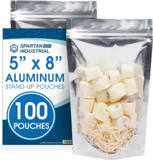 Spartan Industrial - 5" X 8" Aluminum Resealable Stand-Up Pouch Bags - Pack of 100 Smell-Proof Heat Seal Bags for Cookies, Candy Packaging, Bath Salts, and More