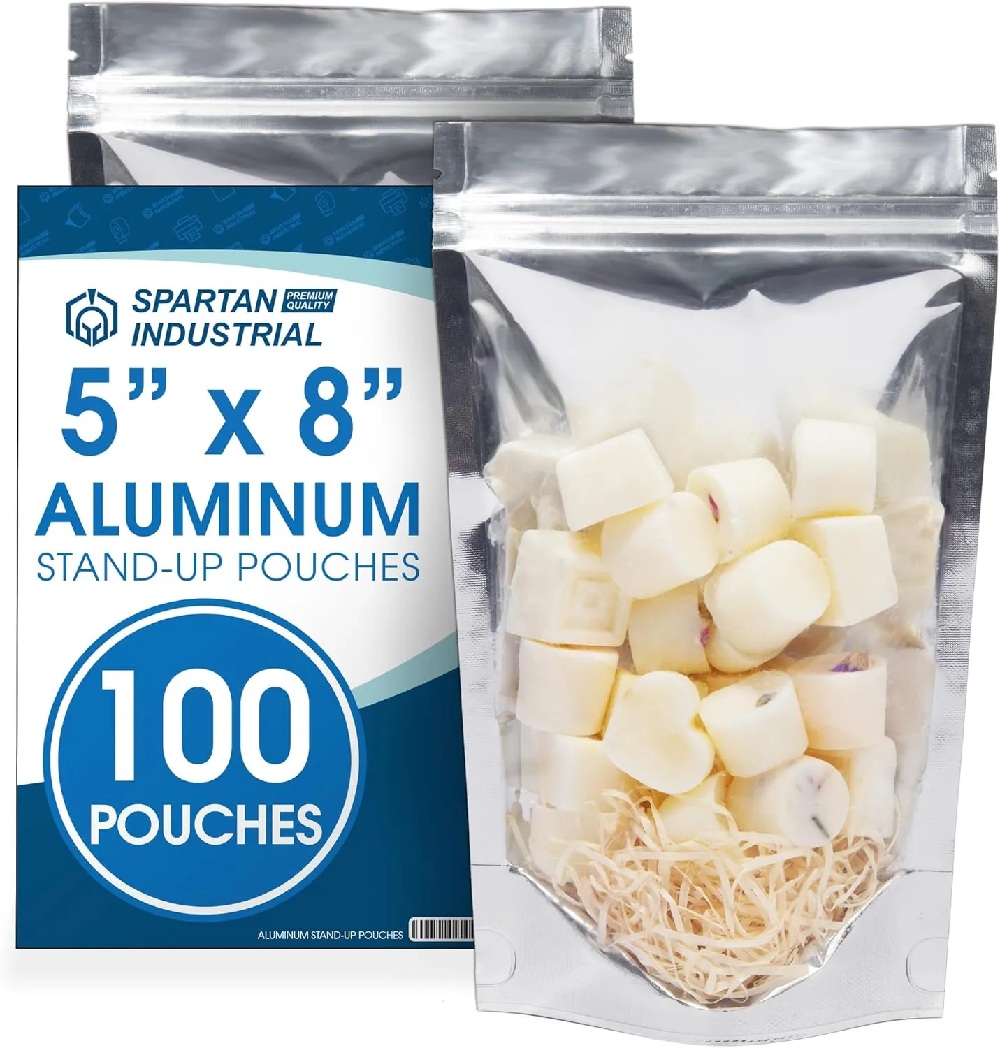 Spartan Industrial - 5" X 8" Aluminum Resealable Stand-Up Pouch Bags - Pack of 100 Smell-Proof Heat Seal Bags for Cookies, Candy Packaging, Bath Salts, and More
