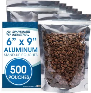 Spartan Industrial - 6" X 9" Aluminum Resealable Stand-Up Pouch Bags - Pack of 500 Smell-Proof Heat Seal Bags for Cookies, Candy Packaging, Bath Salts, and More