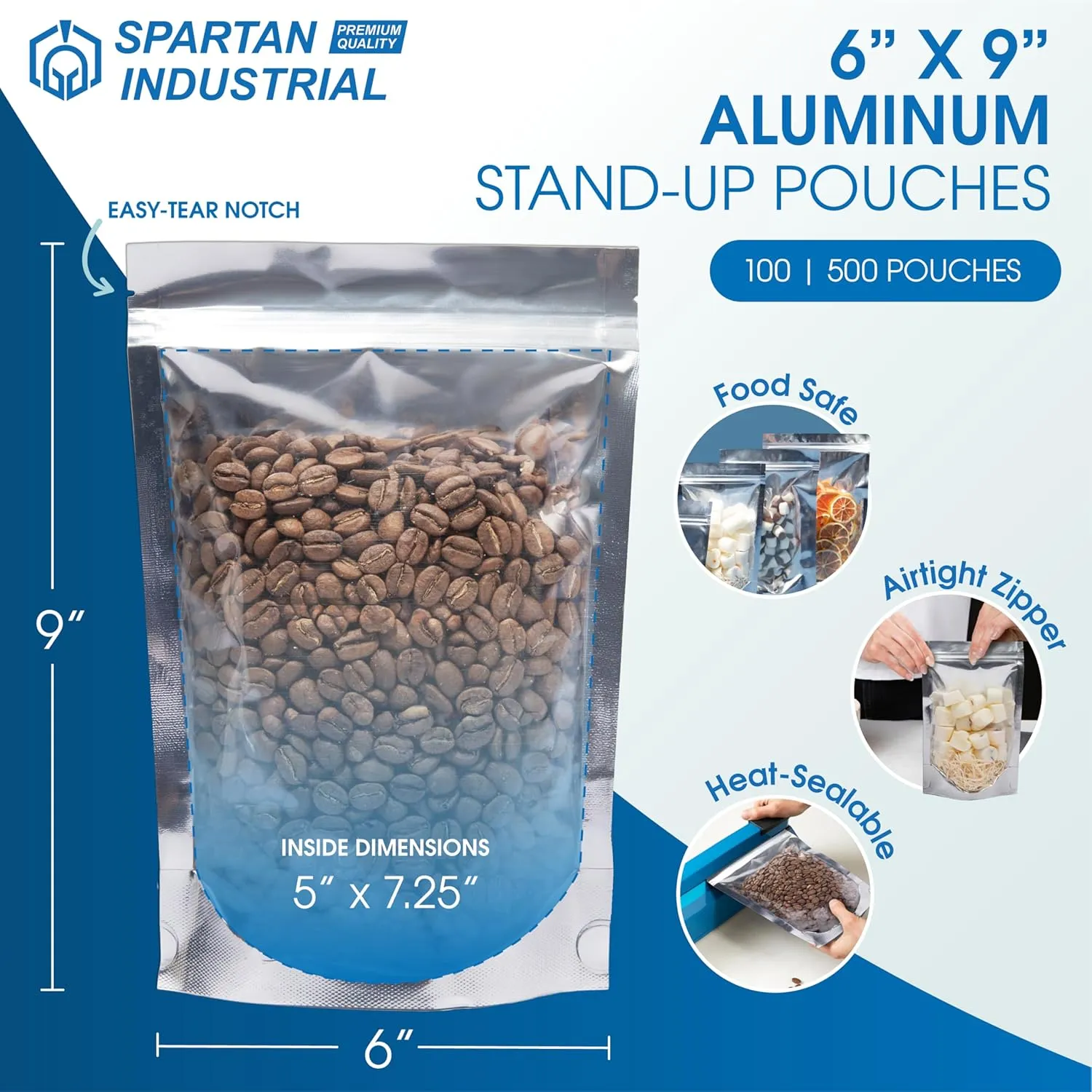 Spartan Industrial - 6" X 9" Aluminum Resealable Stand-Up Pouch Bags - Pack of 500 Smell-Proof Heat Seal Bags for Cookies, Candy Packaging, Bath Salts, and More