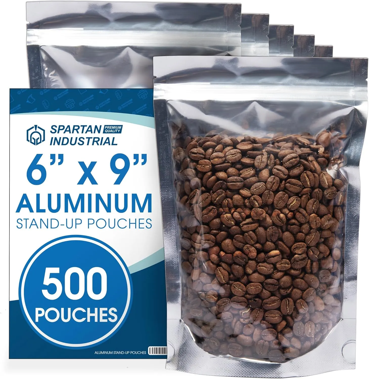 Spartan Industrial - 6" X 9" Aluminum Resealable Stand-Up Pouch Bags - Pack of 500 Smell-Proof Heat Seal Bags for Cookies, Candy Packaging, Bath Salts, and More