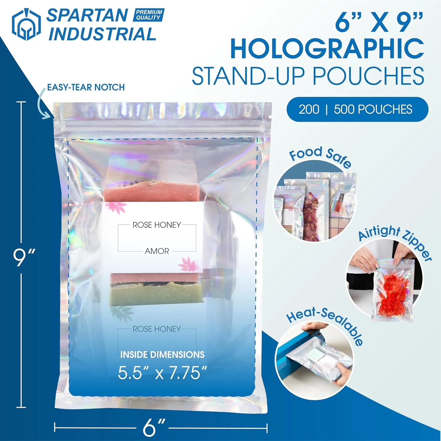 Spartan Industrial - 6" X 9" Holographic Bags - Pack of 200 Clear Resealable Bags for Food Storage and Packaging, Cosmetics, Handmade Goods, and More