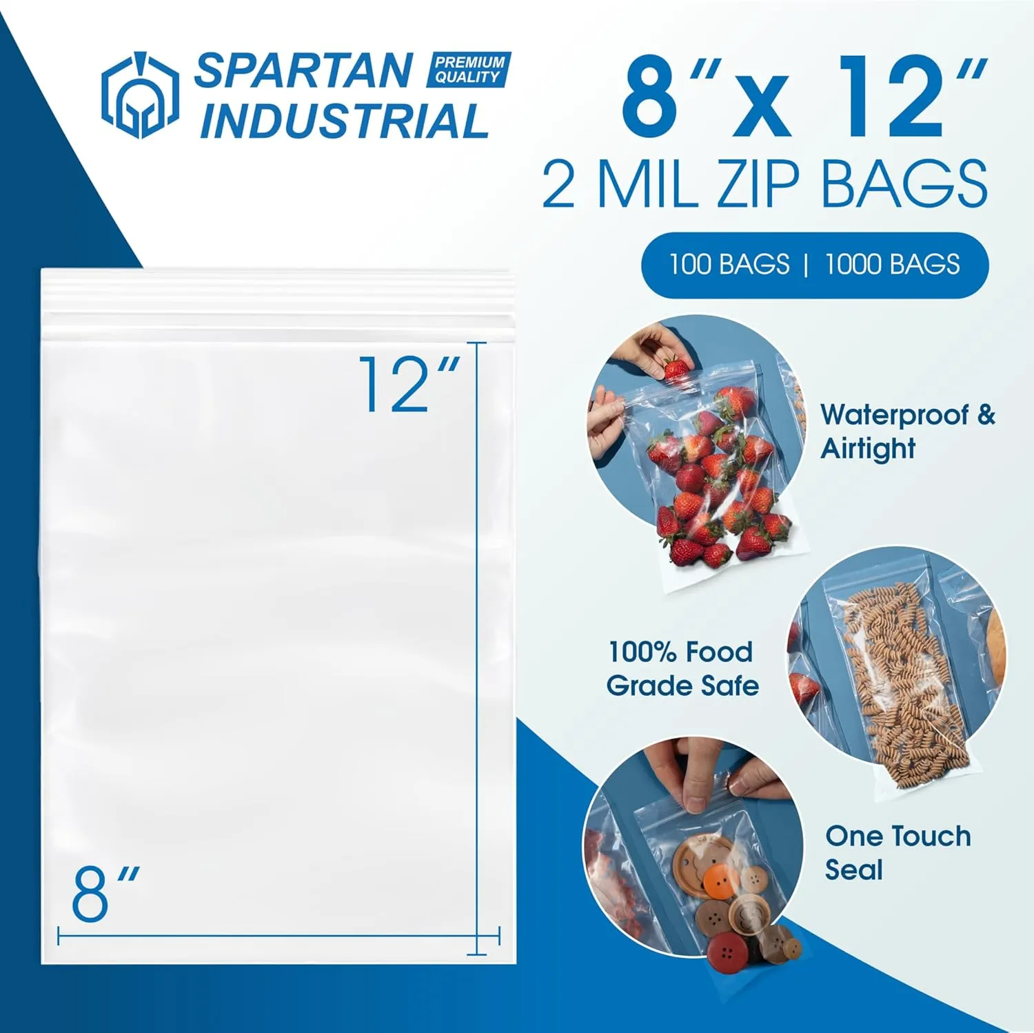 Spartan Industrial - 8” X 12” (100 Count) 2 Mil Clear Reclosable Zip Plastic Poly Bags with Resealable Lock Seal Zipper