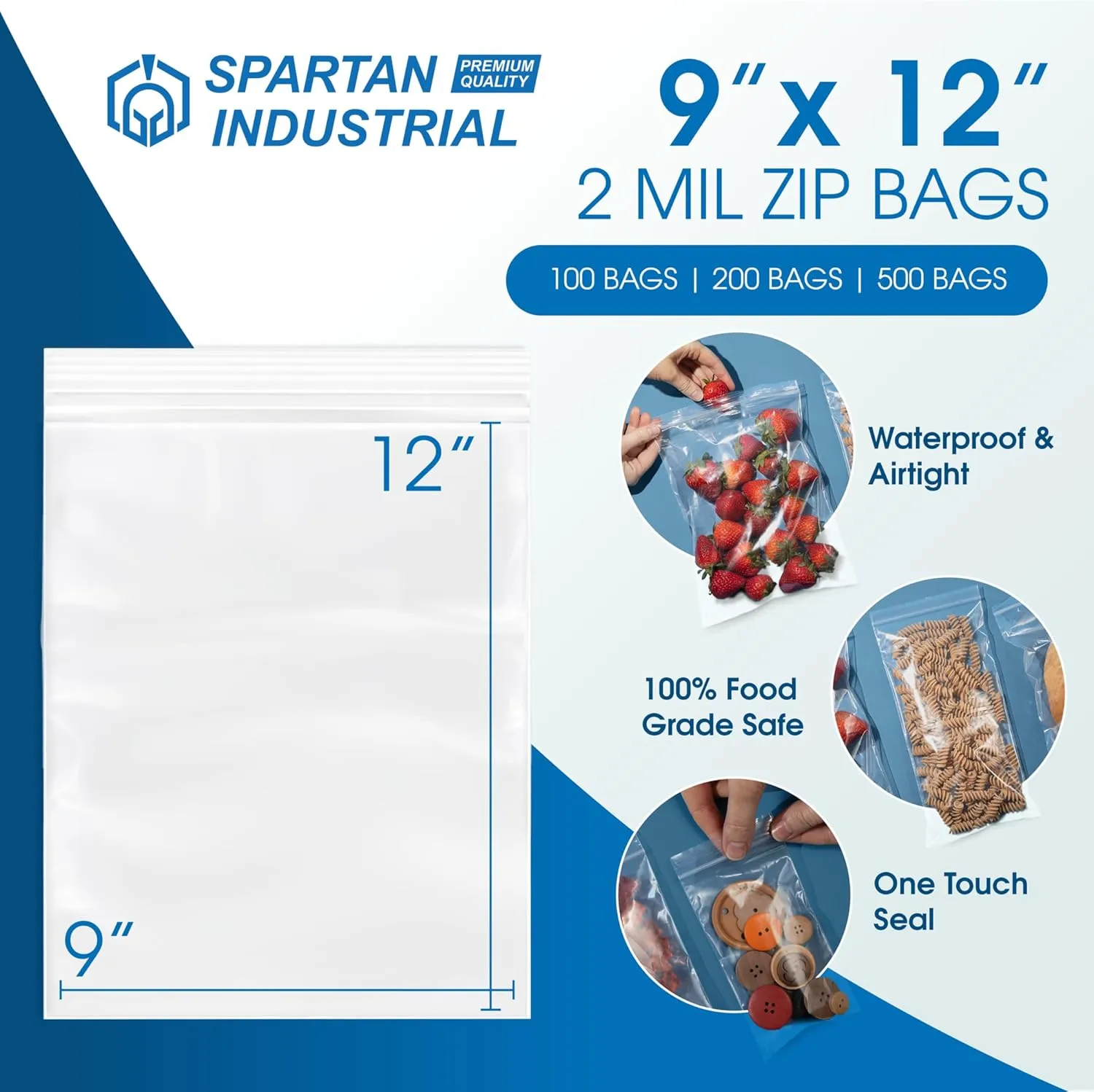 Spartan Industrial - 9” X 12” (200 Count) 2 Mil Clear Reclosable Zip Plastic Poly Bags with Resealable Lock Seal Zipper