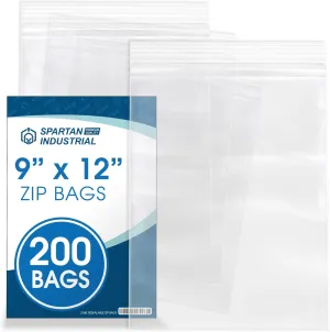 Spartan Industrial - 9” X 12” (200 Count) 2 Mil Clear Reclosable Zip Plastic Poly Bags with Resealable Lock Seal Zipper