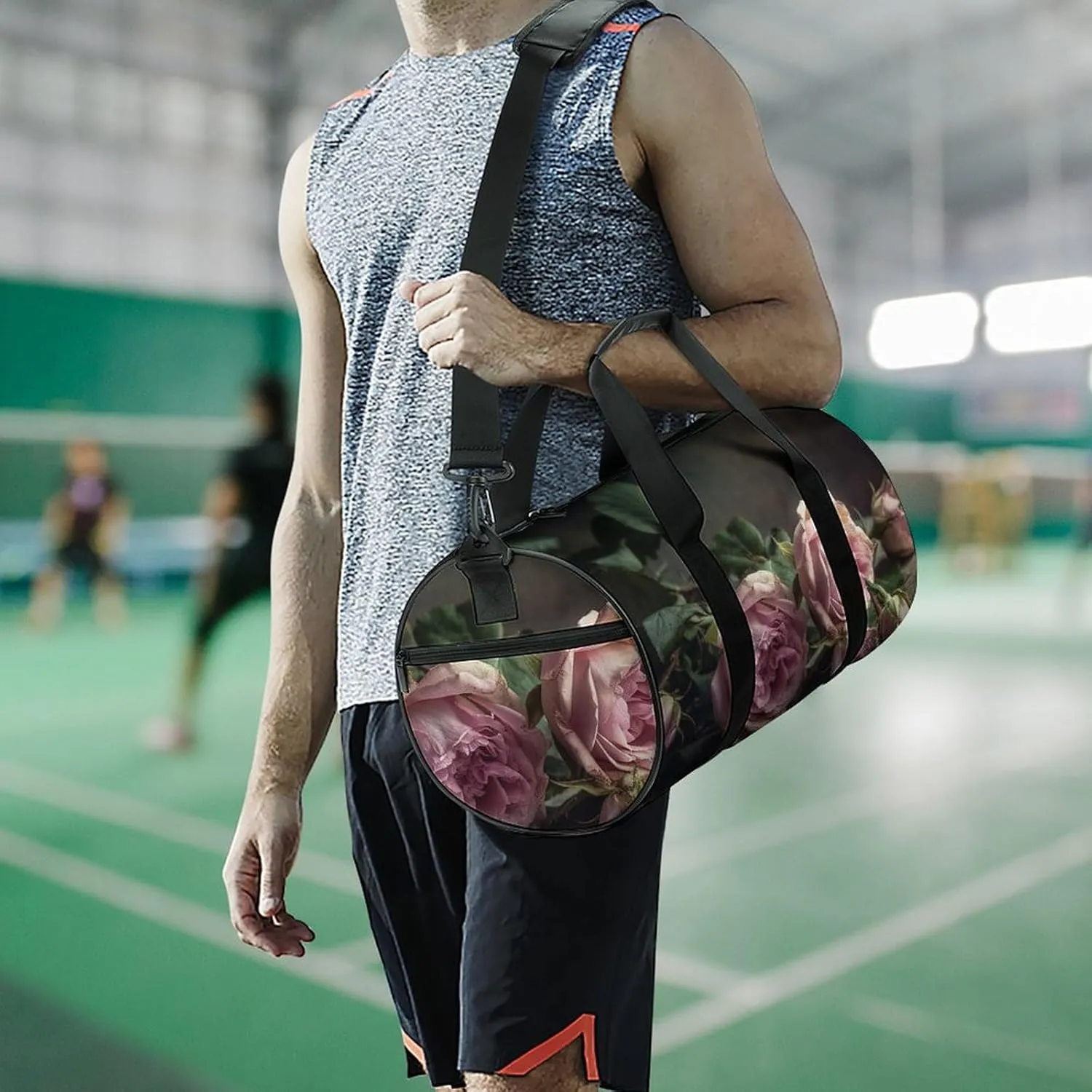Sports Gym Bag for Women Men Travel Duffel Bag Tote Weekender Bag Flowers on Wooden Table Carry on Overnight Bag for Travel Swimming Fitness Workout Sports Duffle Bag