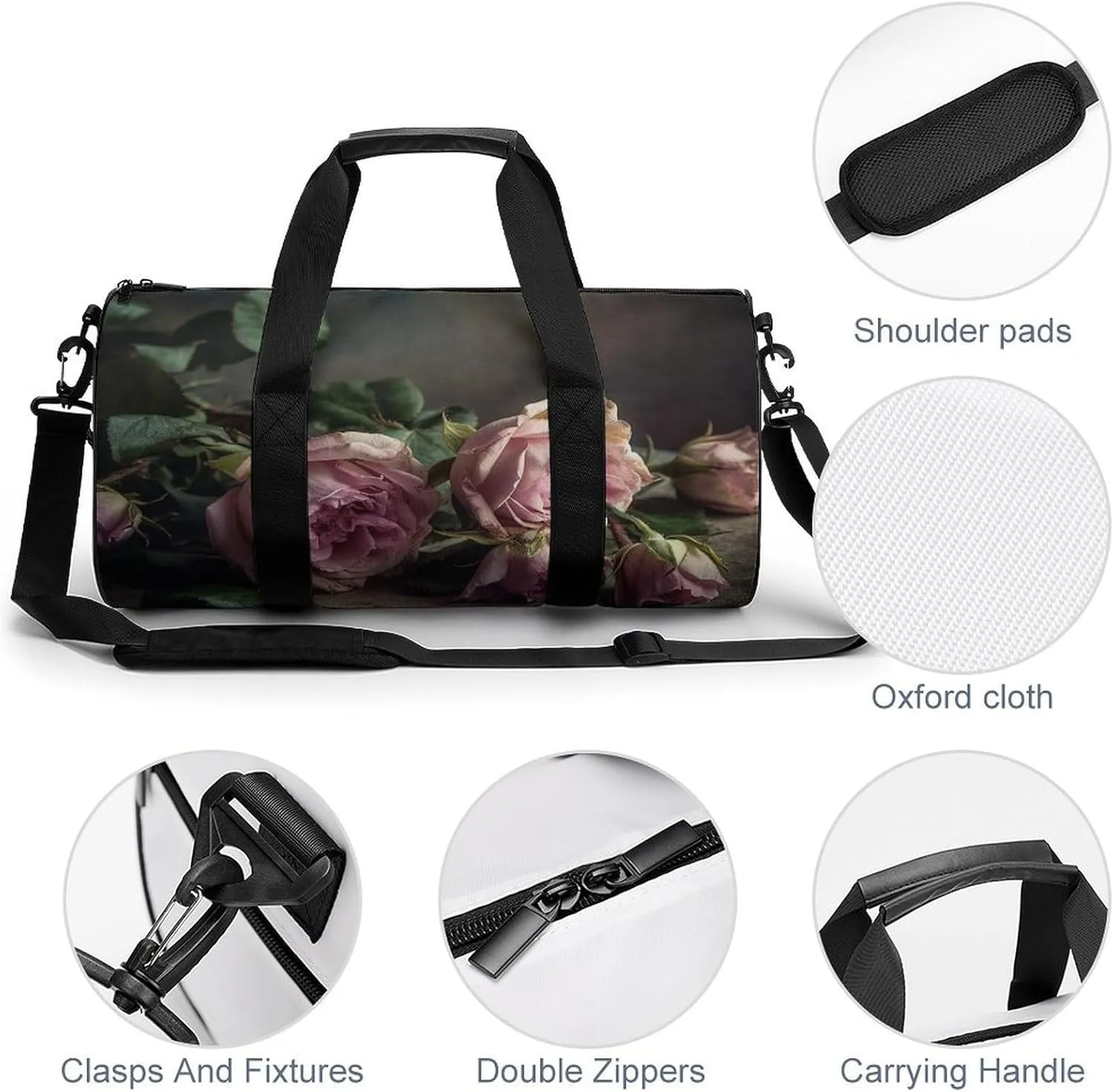 Sports Gym Bag for Women Men Travel Duffel Bag Tote Weekender Bag Flowers on Wooden Table Carry on Overnight Bag for Travel Swimming Fitness Workout Sports Duffle Bag