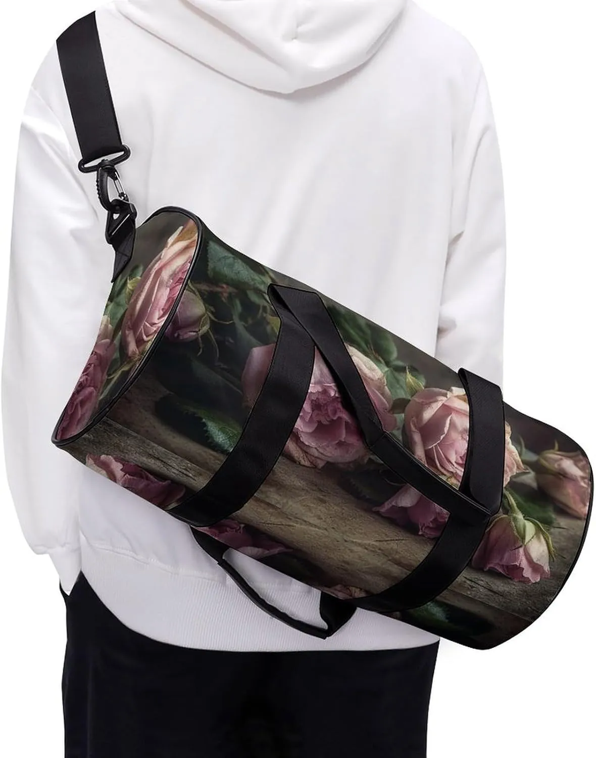 Sports Gym Bag for Women Men Travel Duffel Bag Tote Weekender Bag Flowers on Wooden Table Carry on Overnight Bag for Travel Swimming Fitness Workout Sports Duffle Bag
