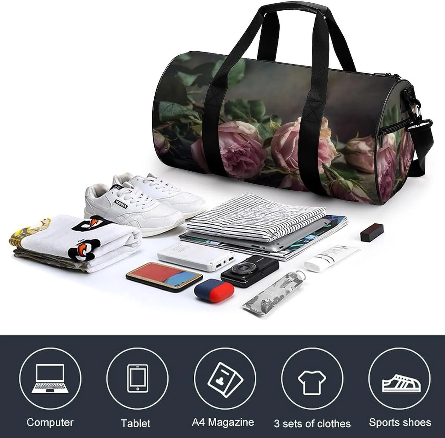 Sports Gym Bag for Women Men Travel Duffel Bag Tote Weekender Bag Flowers on Wooden Table Carry on Overnight Bag for Travel Swimming Fitness Workout Sports Duffle Bag