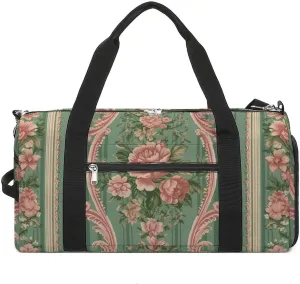 Sports Gym Bag for Women Men with Shoe And Wet Compartment Travel Duffel Bag Floral Striped Pattern Weekender Bag Carry on Overnight Bag for Swimming Fitness Workout Sport Duffle Bag