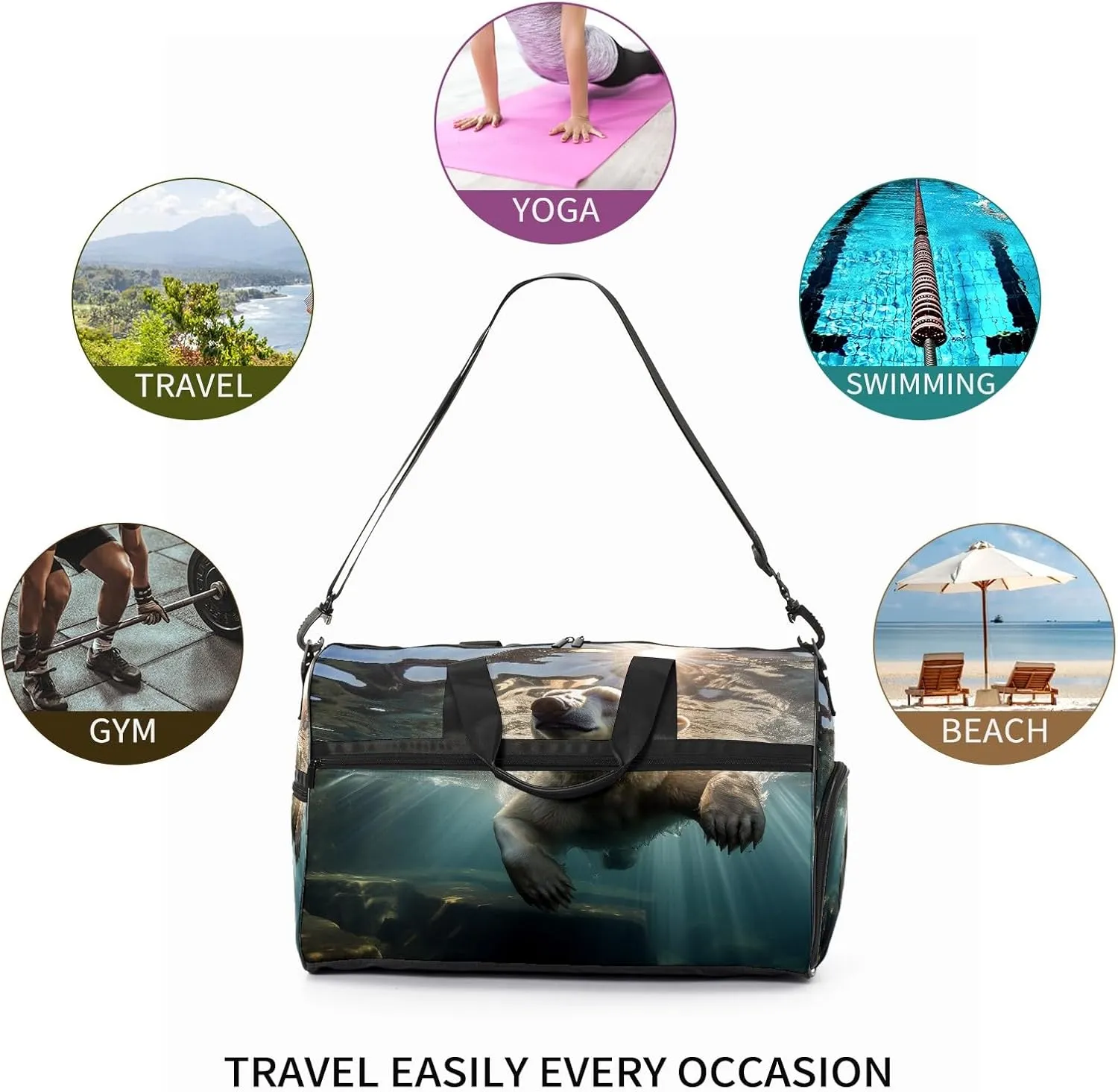 Sports Gym Bag for Women, Sport Duffle Workout Bags with Shoe Compartment, Small Womens Gym Bags, Bear Underwater - 4