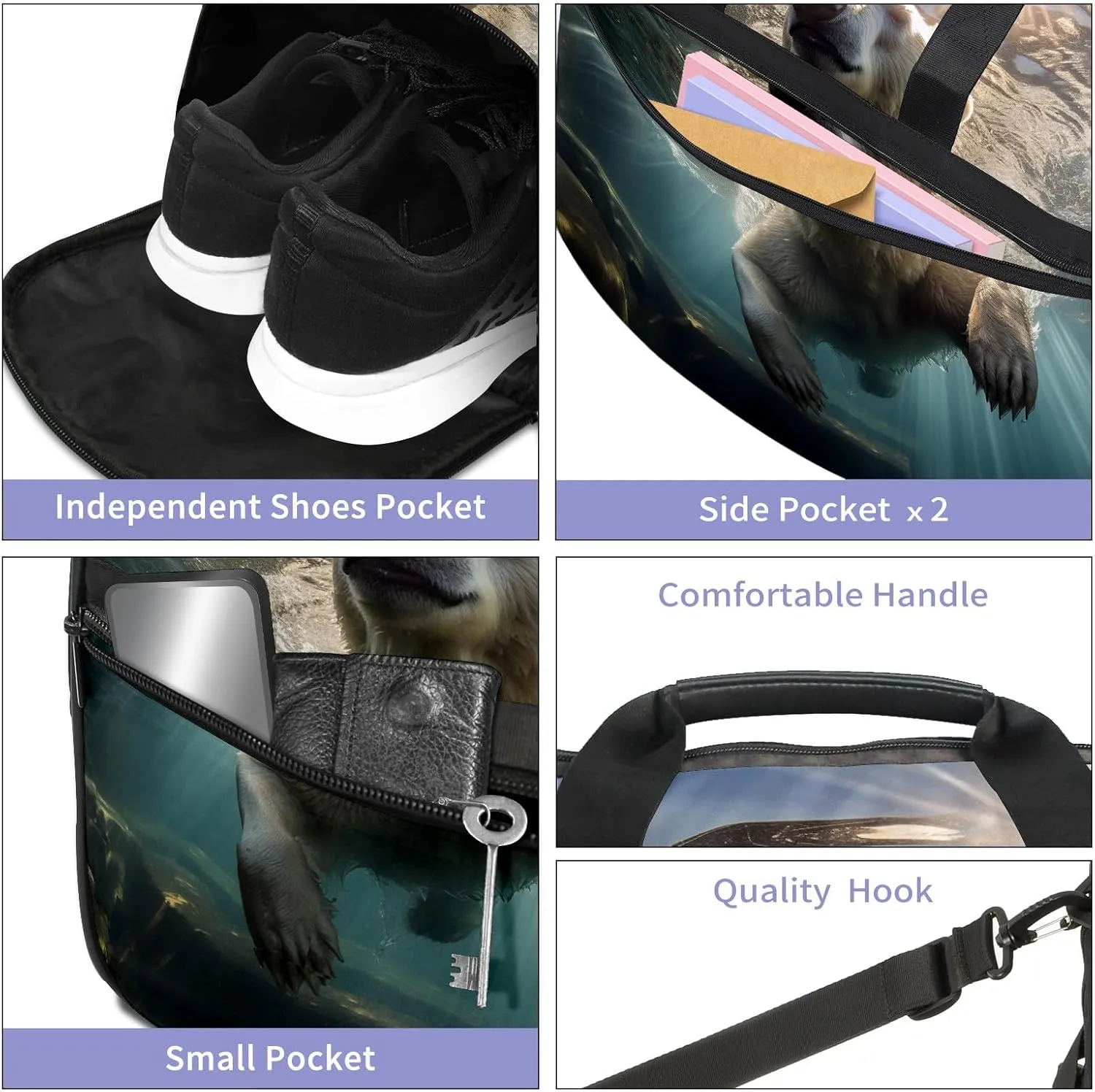 Sports Gym Bag for Women, Sport Duffle Workout Bags with Shoe Compartment, Small Womens Gym Bags, Bear Underwater - 4