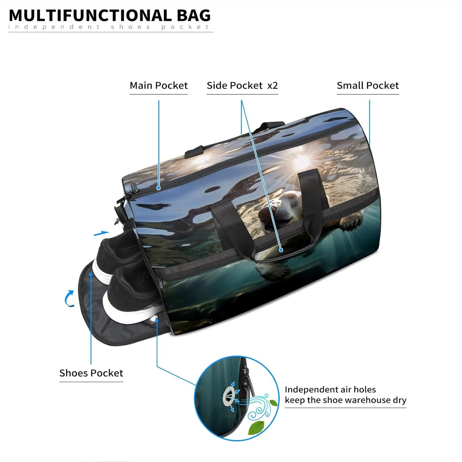 Sports Gym Bag for Women, Sport Duffle Workout Bags with Shoe Compartment, Small Womens Gym Bags, Bear Underwater - 4