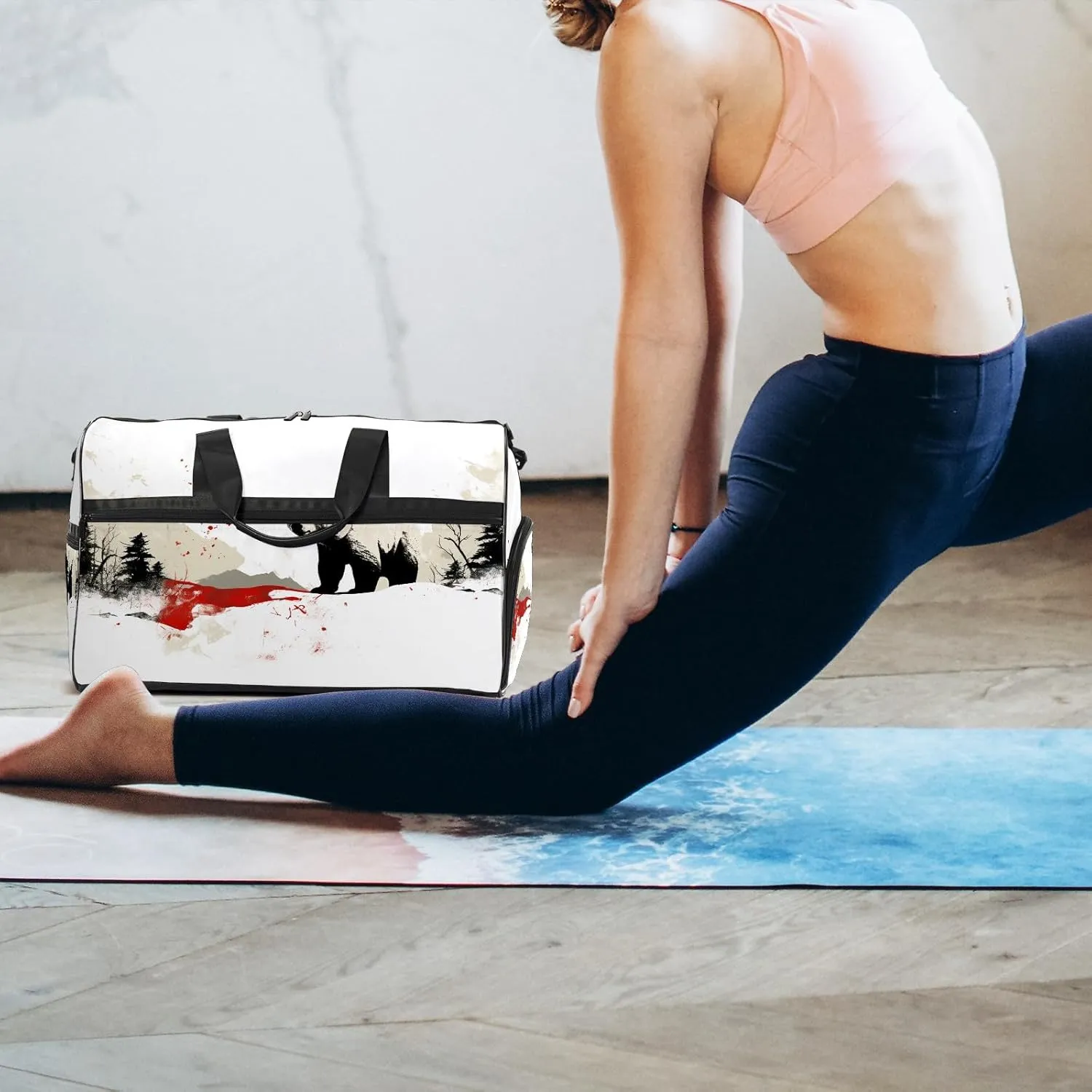 Sports Gym Bag for Women, Sport Duffle Workout Bags with Shoe Compartment, Small Womens Gym Bags, Chinese Painting Bear - 8