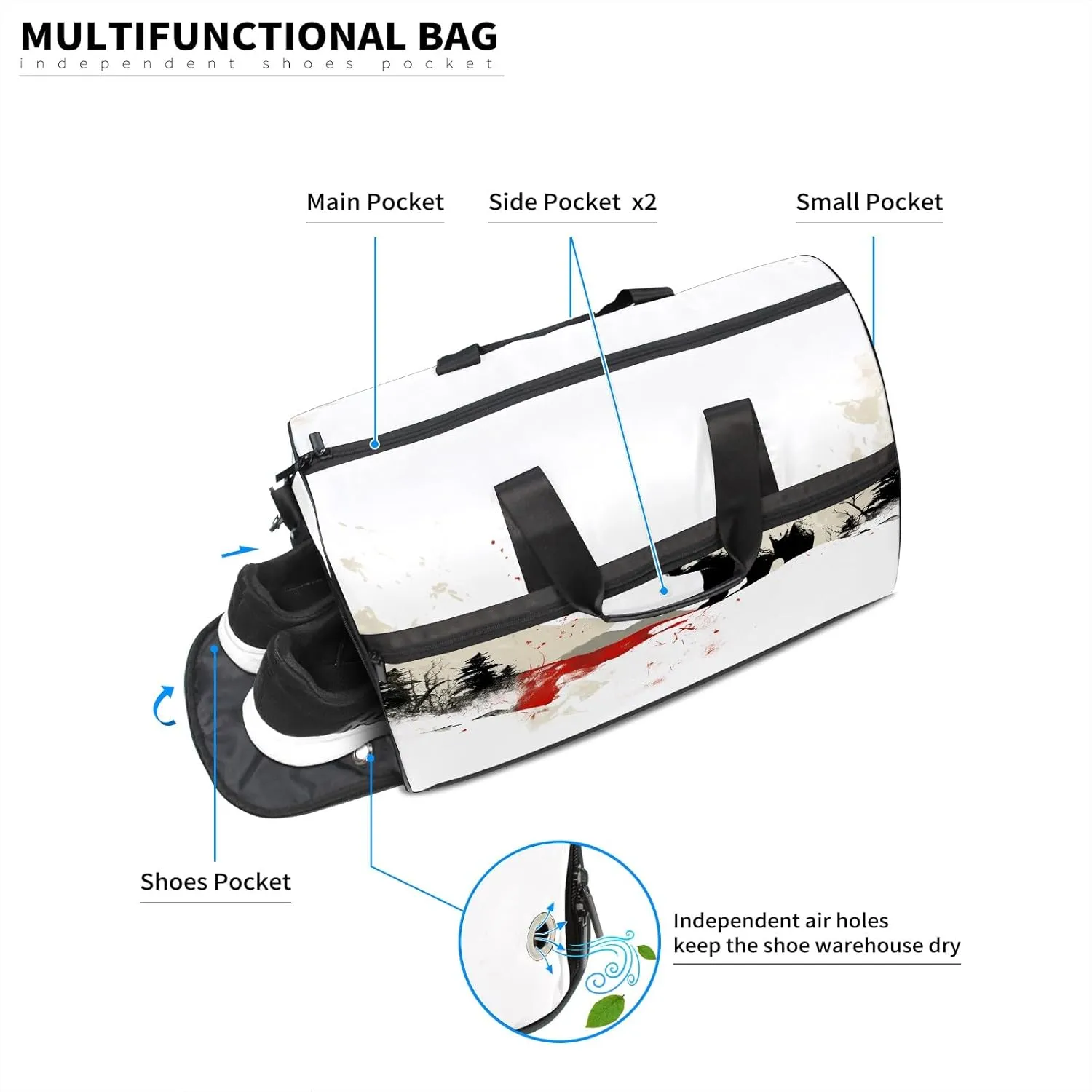 Sports Gym Bag for Women, Sport Duffle Workout Bags with Shoe Compartment, Small Womens Gym Bags, Chinese Painting Bear - 8