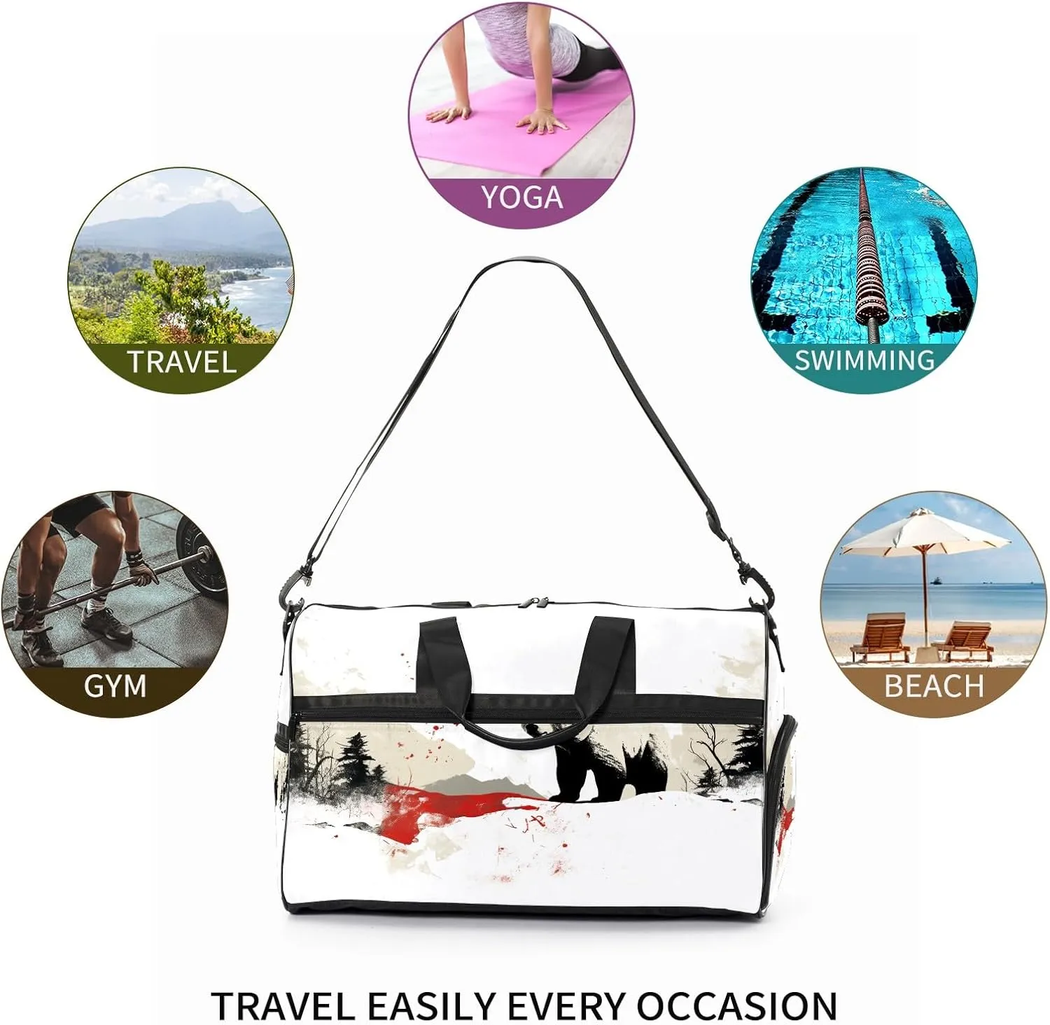 Sports Gym Bag for Women, Sport Duffle Workout Bags with Shoe Compartment, Small Womens Gym Bags, Chinese Painting Bear - 8