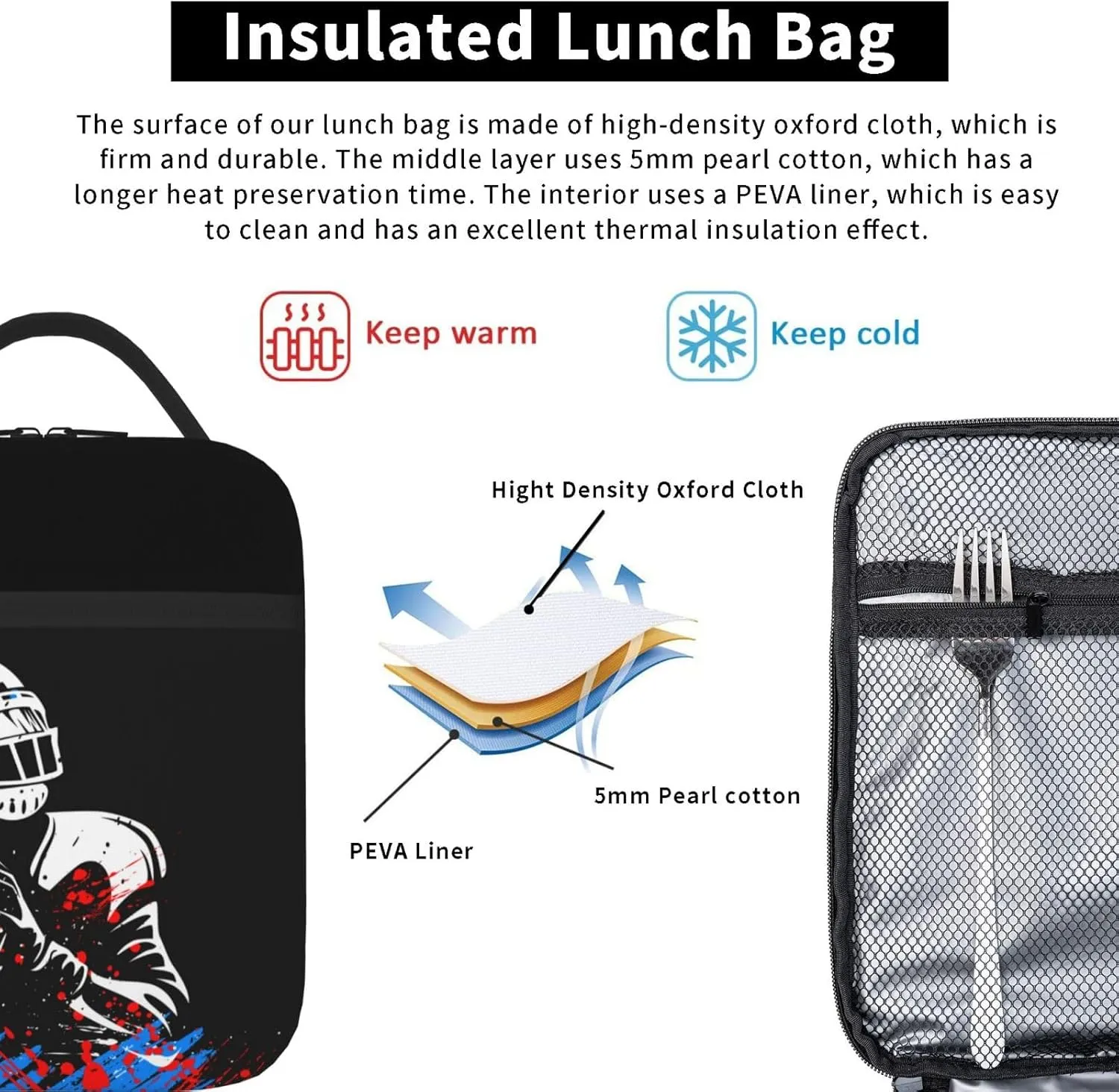 Sports-themed Lunch Bag for Boys Football Insulated Lunch Box with Football Players Pattern Print, Black Cooler Thermal Lunch Bag Tote Handbag with Water Bottle Holder for Kids Teens Youth Adults