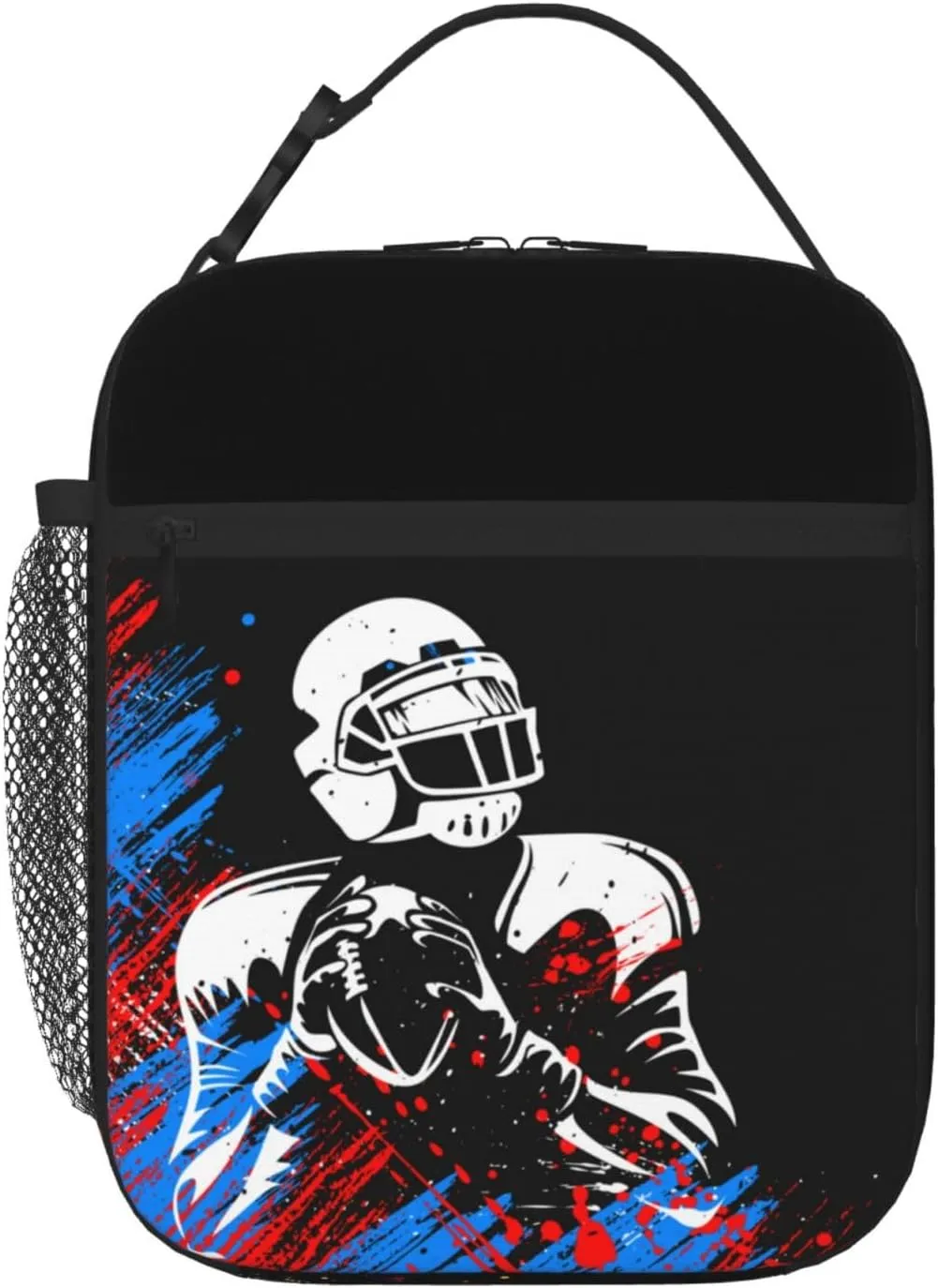 Sports-themed Lunch Bag for Boys Football Insulated Lunch Box with Football Players Pattern Print, Black Cooler Thermal Lunch Bag Tote Handbag with Water Bottle Holder for Kids Teens Youth Adults