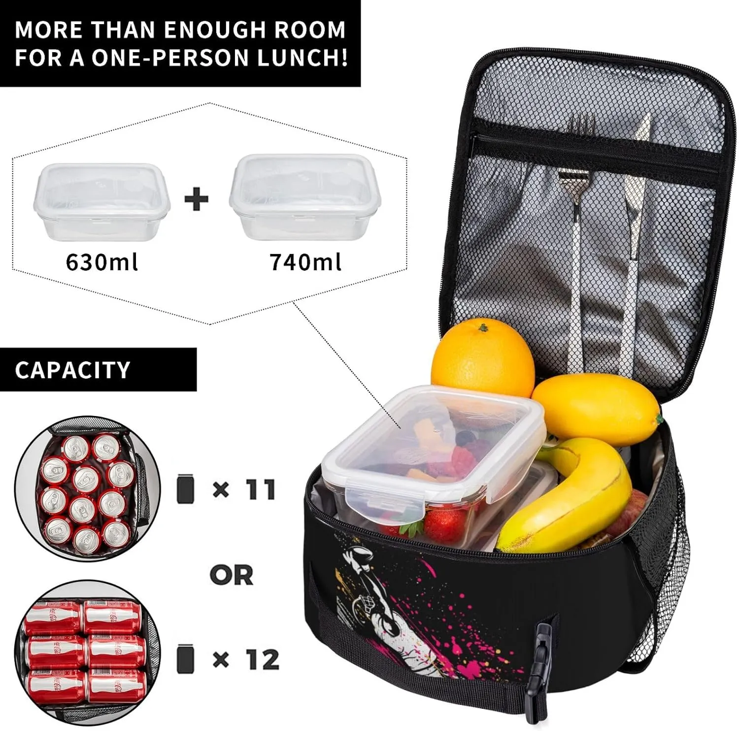 Sports-themed Lunch Bag for Boys Football Insulated Lunch Box with Football Players Pattern Print, Black Cooler Thermal Lunch Bag Tote Handbag with Water Bottle Holder for Kids Teens Youth Adults