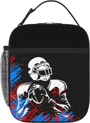 Sports-themed Lunch Bag for Boys Football Insulated Lunch Box with Football Players Pattern Print, Black Cooler Thermal Lunch Bag Tote Handbag with Water Bottle Holder for Kids Teens Youth Adults