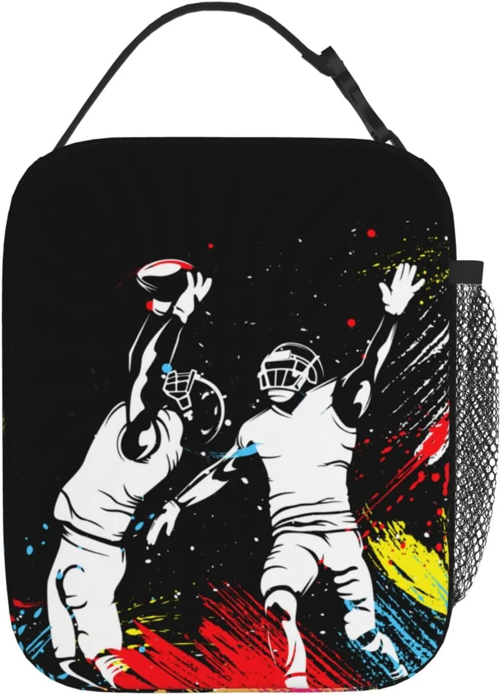 Sports-themed Lunch Bag for Boys Football Insulated Lunch Box with Football Players Pattern Print, Black Cooler Thermal Lunch Bag Tote Handbag with Water Bottle Holder for Kids Teens Youth Adults