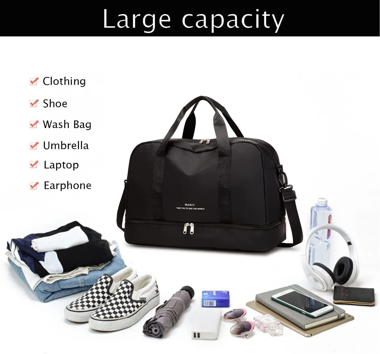 Sports Travel Duffel Bag for Women,Light Gym Bag with Shoe Compartment,Large Capacity Weekender Overnight with Wet Pocket for Lady Travel, Gym, Yoga （Black）